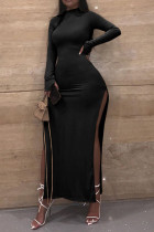 Black Sexy Solid Slit Turtleneck Long Sleeve Ankle Length Long Sleeve Dress Dresses