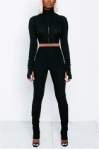 Black Fashion Casual Long Sleeve Turtleneck Regular Sleeve Short Solid Two Pieces
