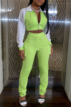 Fluorescent green Active Patchwork pencil Long Sleeve Two Pieces