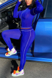 Royal blue knit Active Casual Patchwork Solid Two Piece Suits Straight Long Sleeve Two Pieces