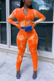 Orange Sexy Casual Print Tie-dye O Neck Long Sleeve Short Two Pieces