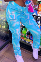Sky Blue Blends Elastic Fly Mid Print Straight Pants Bottoms