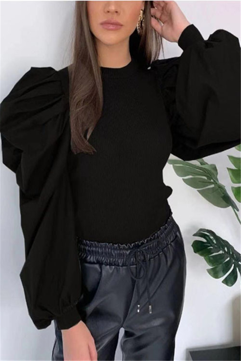 

Black Fashion Casual O Neck Long Sleeve Hubble-Bubble Sleeve Regular Solid Tops