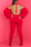 Red Sexy Turtleneck Long Sleeve Off The Shoulder Skinny Solid Jumpsuits