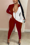 Red Sexy Casual Blends Patchwork Patchwork Zipper Collar Skinny Jumpsuits