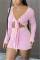 Pink Sexy Milk Fiber Patchwork Solid Patchwork Fold Knotted V Neck Long Sleeve Regular Sleeve Short Two Pieces