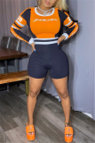 Orange Sportswear Print O Neck Skinny Jumpsuits