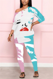 Blue Fashion Casual Print Lips Printed Basic O Neck Nine Points Sleeve One Shoulder Long Two Pieces