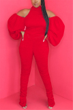 Pink Sexy Turtleneck Long Sleeve Off The Shoulder Skinny Solid Jumpsuits