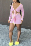 Pink Sexy Milk Fiber Patchwork Solid Patchwork Fold Knotted V Neck Long Sleeve Regular Sleeve Short Two Pieces