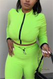 Fluorescent green Fashion British Style Adult Solid Draw String O Neck Long Sleeve Cap Sleeve Short Two Pieces
