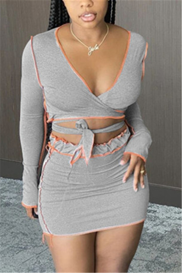 Grey Sexy Milk Fiber Patchwork Solid Patchwork Fold Knotted V Neck Long Sleeve Regular Sleeve Short Two Pieces