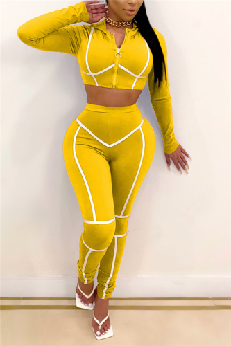 Yellow Fashion Sportswear Adult Patchwork Solid Patchwork Hooded Collar Long Sleeve Regular Sleeve Short Two Pieces