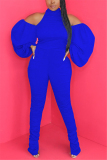Royal Blue Sexy Turtleneck Long Sleeve Off The Shoulder Skinny Solid Jumpsuits