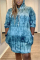 Blue Fashion Casual Plus Size Hooded Collar Long Sleeve Regular Sleeve Print Tie Dye Printed Dress