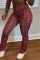Wine Red Elastic Fly Mid Plaid Print Straight Pants Bottoms