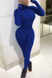 Blue Fashion Print Long Sleeve O Neck Jumpsuits