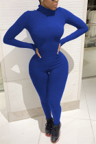 Blue Fashion Print Cotton Long Sleeve O Neck Jumpsuits