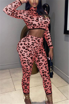 Pink Fashion Sexy Adult Leopard Patchwork O Neck Long Sleeve Regular Sleeve Short Two Pieces