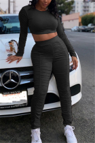 Black Fashion Casual adult Ma'am Solid Draped Two Piece Suits pencil Long Sleeve Two Pieces