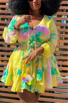 Yellow Sexy Print With Belt V Neck A Line Plus Size