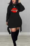 Black Casual Long Sleeves O neck Pencil Dress skirt Print lip Dresses