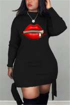 Black Fashion Casual Regular Sleeve Long Sleeve O Neck Printed Dress Mini Lips Printed Dresses