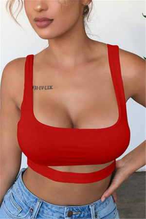 Red Sexy Square Collar Sleeveless Tank Short Solid Tops