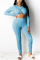 Blue Fashion Casual adult Ma'am Solid Draped Two Piece Suits pencil Long Sleeve Two Pieces