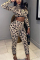 Beige Fashion Sexy Adult Leopard Patchwork O Neck Long Sleeve Regular Sleeve Short Two Pieces