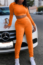 Orange Fashion Casual Long Sleeve O Neck Regular Sleeve Short Solid Two Pieces