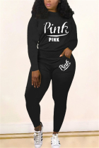 Black Fashion Casual Adult Print Letter O Neck Long Sleeve Regular Sleeve Regular Two Pieces