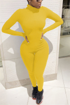 Yellow Fashion Print Cotton Long Sleeve O Neck Jumpsuits