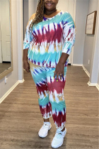 Blue Fashion British Style Adult Print Tie Dye Tie-dye O Neck Plus Size 