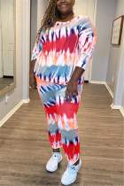 watermelon red Fashion British Style Adult Print Tie Dye Tie-dye O Neck Plus Size 