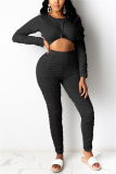Black Fashion Casual adult Ma'am Solid Draped Two Piece Suits pencil Long Sleeve Two Pieces