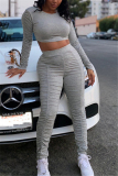 Grey Fashion Casual adult Ma'am Solid Draped Two Piece Suits pencil Long Sleeve Two Pieces
