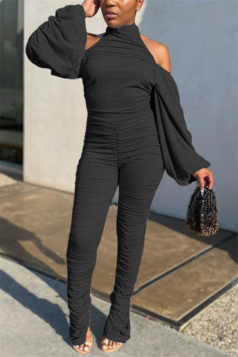 

Black Fashion Sexy Turtleneck Long Sleeve Off The Shoulder Skinny Solid Jumpsuits