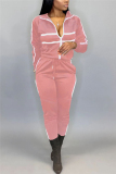 Pink Casual Sportswear Blends Striped Patchwork Print Solid Patchwork Zipper Collar Long Sleeve Regular Sleeve Regular Two Pieces