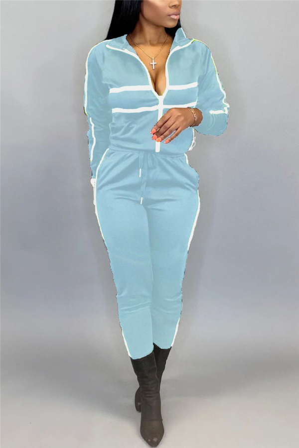 Blue Casual Sportswear Blends Striped Patchwork Print Solid Patchwork Zipper Collar Long Sleeve Regular Sleeve Regular Two Pieces