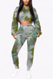 Green Fashion Casual Adult Twilled Satin Patchwork Tie-dye O Neck Long Sleeve Regular Sleeve Short Two Pieces