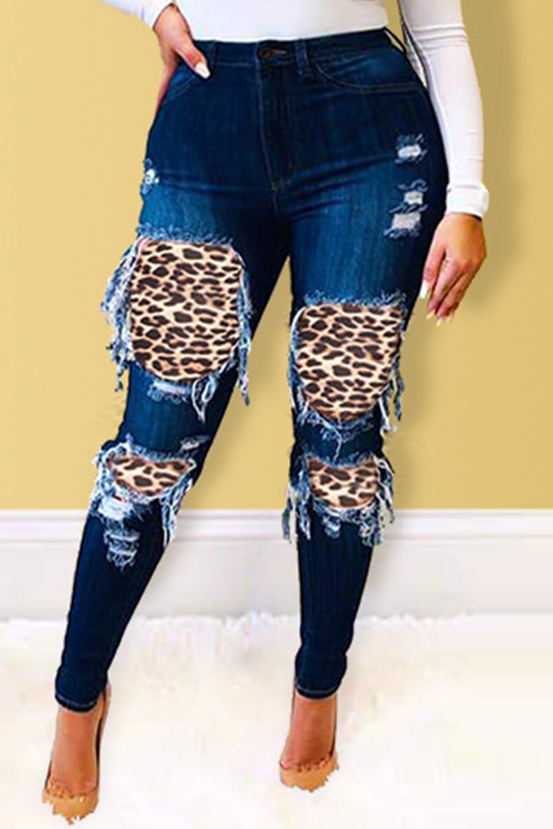 

Dark Blue Casual Street Patchwork Print Leopard Ripped Make Old Patchwork Pants Basic High Waist Skinny Denim