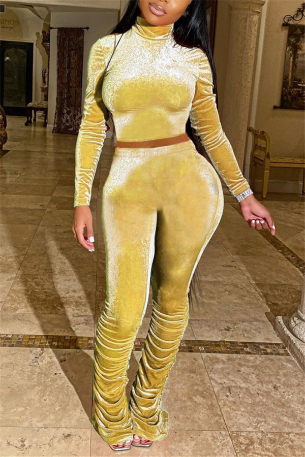 Yellow Sexy Solid Patchwork Turtleneck Long Sleeve Regular Sleeve Two Pieces