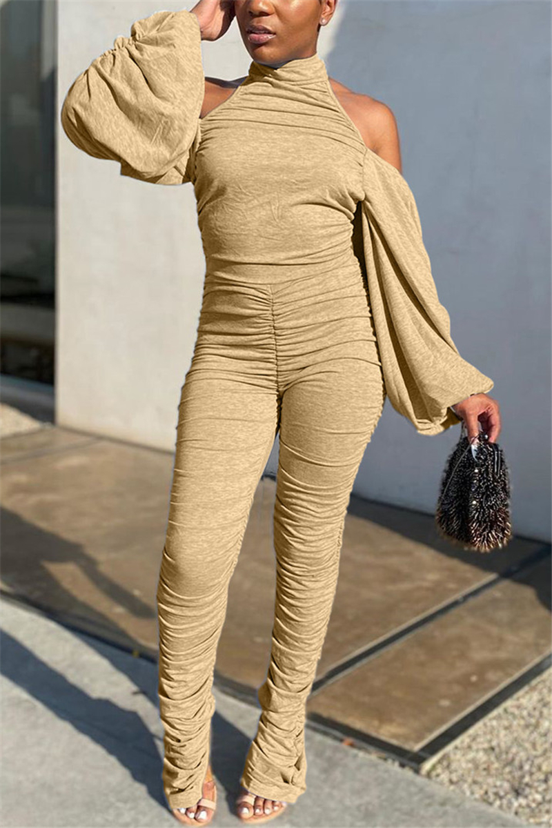 

Khaki Fashion Sexy Turtleneck Long Sleeve Off The Shoulder Skinny Solid Jumpsuits