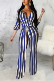 Yellow Fashion Sexy Adult Striped Patchwork With Belt V Neck Loose Jumpsuits
