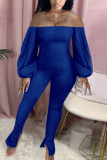 Blue Fashion Sexy Adult Solid Patchwork Bateau Neck Skinny Jumpsuits