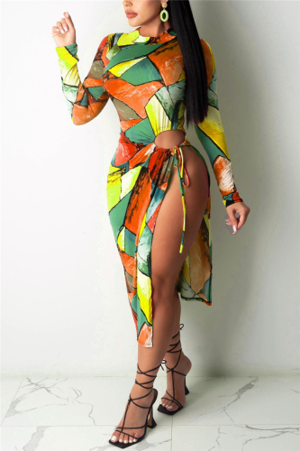 Orange Sexy Print Bandage Tie-dye Slit O Neck Long Sleeve Mid Calf Pencil Skirt Dresses