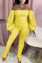 Yellow Sexy Casual Bateau Neck Long Sleeve Off The Shoulder Skinny Solid Jumpsuits