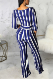 Blue Fashion Sexy Adult Striped Patchwork With Belt V Neck Loose Jumpsuits