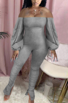 Gray Sexy Casual Bateau Neck Long Sleeve Off The Shoulder Skinny Solid Jumpsuits